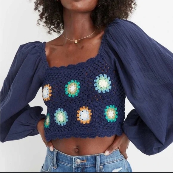 Aerie Peasant Crop Top Cotton Crocheted Granny Square Medium Navy Cottage core - Picture 1 of 9